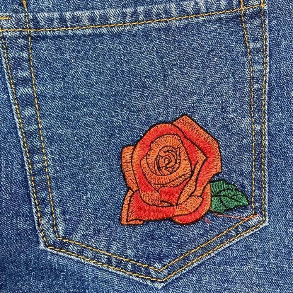 Denim Distressed Rose Embroidered Button Down Skirt - Picture 3 of 15